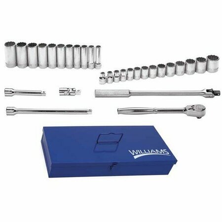 WILLIAMS Socket/Tool Set, 30 Pieces, 12-Point, 1/2 Inch Dr JHWWSS-30F